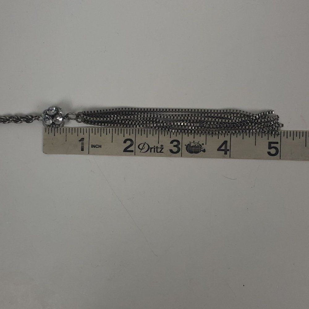 Vintage Silver Tone Rope Chain Box Tassel Round Clear Ball Lariat Opera Necklace - Picture 8 of 11